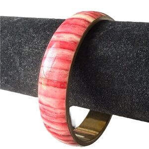 Beautiful Brass Bangle Bracelet with Pink Red White Enamel Inlay